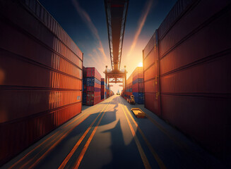 Aufkleber - A sun-drenched cargo port at sunset, rows of shipping containers stretching towards a towering crane.  A lone vehicle is visible in the distance. The scene is dramatic and full of shadows.