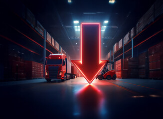 Poster - A red neon arrow points down in a dark warehouse, with a truck and forklift present.  This symbolizes a decline in inventory or logistics.