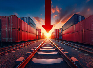 Poster - A large red arrow points down towards a railway track lined with shipping containers at sunset, symbolizing a decline in global trade or economic downturn.