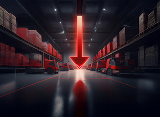 Poster - A large warehouse with rows of cargo trucks and stacked boxes. A glowing red arrow points downward, suggesting inventory decline or shipment.