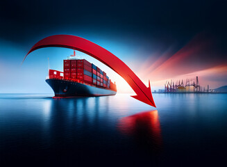 Poster - Large container ship sailing towards a port at sunset, with a large red arrow indicating downward trend in shipping.  Global trade, economic downturn.