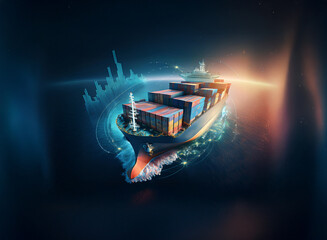 Poster - A container ship sails the digital globe, showcasing global trade and technology integration.  Data streams and cityscapes swirl around it, symbolizing connectivity and the future of shipping.