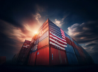Poster - A dramatic low-angle view of stacked shipping containers at sunset, one prominently displaying the American flag.  The scene evokes themes of international trade and national identity.