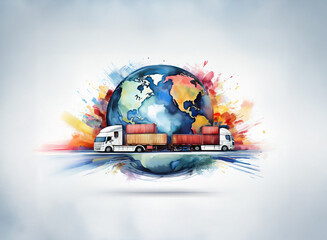 Poster - A watercolor-style illustration depicts two semi-trucks carrying shipping containers encircling a vibrant globe, symbolizing global trade and transportation.