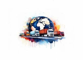 Poster - A convoy of colorful semi-trucks carrying cargo containers travels across a watercolor world globe, symbolizing global logistics and transportation.