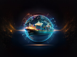 Poster - A container ship sails the globe, encircled by a futuristic digital network, symbolizing global trade and interconnectedness.  The vibrant image suggests efficient, high-tech shipping and logistics.