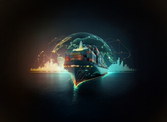 Poster - A container ship sails, its journey visualized by a glowing digital globe showcasing global trade connections and city skylines.  The image emphasizes international shipping and logistics.