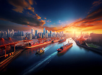 Aufkleber - A vibrant sunset illuminates a bustling harbor, where cargo ships navigate a waterway flanked by a modern cityscape.  The scene evokes themes of global trade and urban development.