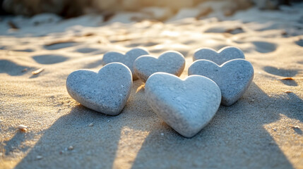 Wall Mural - A peaceful image of heart-shaped stones arranged on a sandy beach with the sun casting soft light across them