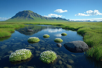 Wall Mural - Serene Icelandic Landscape with Mountain and Blooming Plants