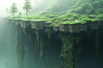 Poster - Misty Mountaintop Plateau Atop Verdant Cliffs