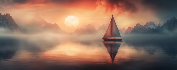 Wall Mural - A serene sunset over misty waters, featuring a lone sailboat surrounded by mountains, creating a tranquil and picturesque scene.