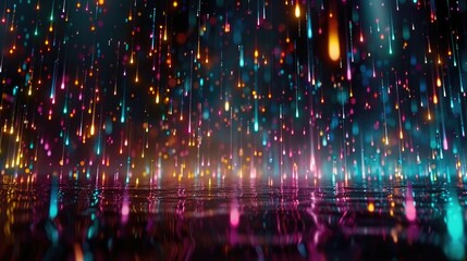 Poster - Colorful lights cascading in a dark atmosphere with reflections.