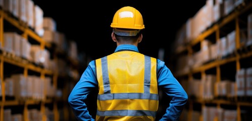 Poster - warehouse worker observing shelves filled with boxes.