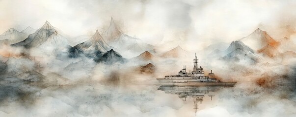 Poster - A serene watercolor landscape featuring mountains and a ship, enveloped in mist and soft hues, creating a tranquil atmosphere.