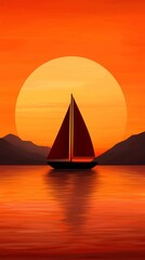 Wall Mural - A serene sunset scene featuring a sailboat silhouetted against a vibrant orange sky, reflecting on calm waters.