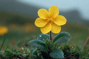 Wall Mural - Yellow Flower Dew Drops Green Leaves Nature