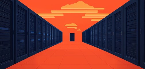 Poster - A vibrant digital corridor flanked by dark servers leads to a central doorway against an orange backdrop, symbolizing technology and data flow.