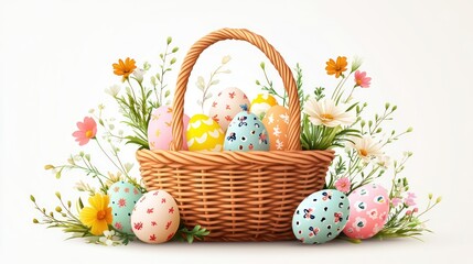 Wall Mural - Easter basket filled with decorated eggs and spring flowers.