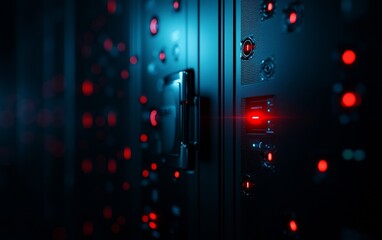 Poster - A close-up of a server rack with glowing red indicators against a dark backdrop, emphasizing technology and data storage.
