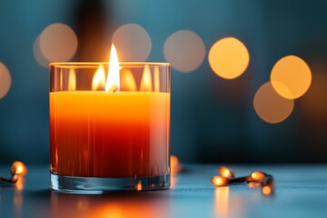 Poster - A close-up of a xanthous candle flame flickering in a dimly lit room, casting warm light on nearby objects