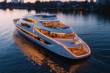 Poster - A cyberpunk-themed yacht with glowing neon accents, futuristic solar sails, and a digital interface for navigation, sailing under a city with holographic lights