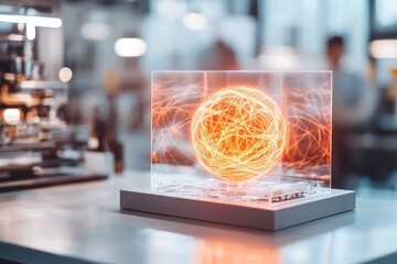 Poster - A futuristic yarn ball glowing with neon threads, displayed on a holographic surface with a high-tech loom in the background