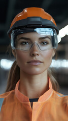 Aufkleber - Portrait of a confident female engineer wearing safety glasses and hardhat in a factory or industrial setting