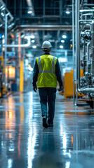 Poster - Factory worker walking through industrial corridor, wearing safety vest, hard hat, passing machinery and metal piping