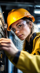 Aufkleber - Electrician connecting wires in electrical panel, wearing protective gear, ensuring workplace safety and expertise in electrical systems