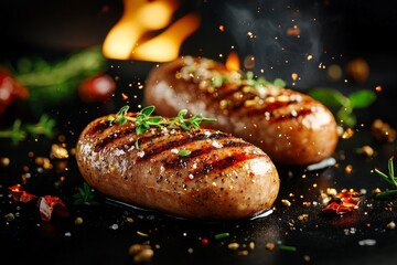 Poster - A magical barbecue scene with glowing wurst sausages floating over enchanted flames, surrounded by mystical herbs and spices that sparkle in the air