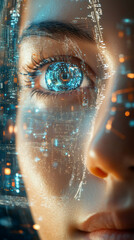 Leinwandbilder - Woman's eye blending with digital circuitry, representing human-machine convergence and technological interface
