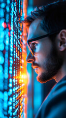 Leinwandbilder - Software developer monitoring server activity on big data screen, working with computer code in futuristic software development agency