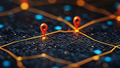 Poster - A vibrant digital map with glowing lines and location markers, representing connectivity and navigation in a high-tech environment.