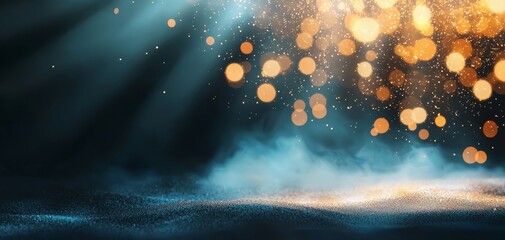 Poster - A captivating display of shimmering golden bokeh lights against a dark, misty background, evoking a sense of magic and wonder.