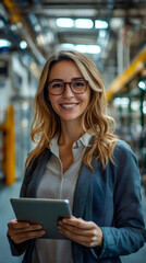 Poster - Portrait of a smiling businesswoman holding digital tablet and working in modern industrial factory