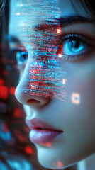 Aufkleber - Digital code overlay reflecting on a woman's face, representing the concept of merging humans with technology in a futuristic world