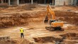 © bussi - A construction worker using heavy machinery to excavate soil for a new stadium foundation, Soil excavation scene, Stadium construction style