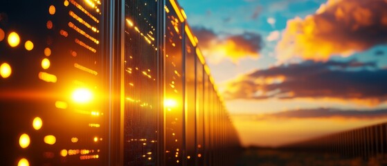 Poster - A vibrant sunset illuminates a row of server racks, showcasing the synergy between technology and nature.