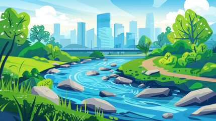 Wall Mural - vibrant cityscape with flowing river, lush greenery, and rocks, showcasing nature beauty alongside urban life. scene evokes sense of tranquility and harmony