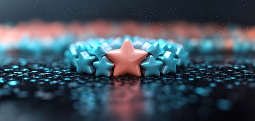 Poster - A circular arrangement of vibrant blue and a single pink star against a sparkling dark background creates a captivating visual effect.