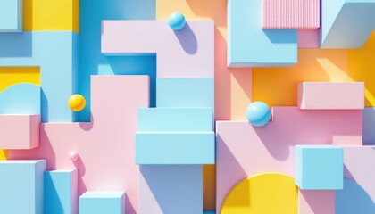 Poster - Colorful abstract geometric 3d shapes with pastel blocks and spheres on a vibrant background