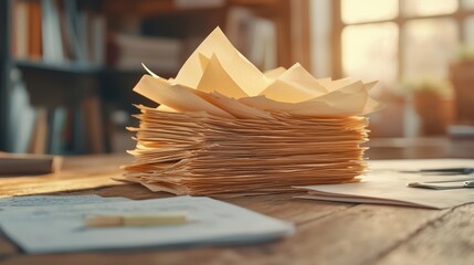 Poster - A stack of organized papers on a wooden table, illuminated by soft sunlight, creating a warm, inviting workspace atmosphere.