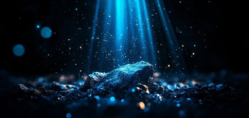Poster - A serene underwater scene with a rock illuminated by beams of blue light, creating a mystical atmosphere filled with shimmering droplets.