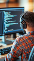 Leinwandbilder - Software developer coding at desktop workstation, wearing headphones, back turned to viewer