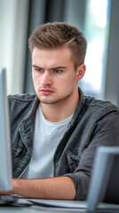 Leinwandbilder - Young man working diligently at a desktop computer in a modern office, concentrating intently on his tasks and deadlines
