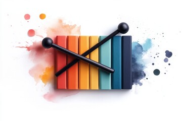 Fototapete - A sleek flat design of a xylophone with two mallets crossing above it, using soft pastel tones for a modern aesthetic