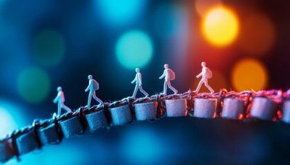 Poster - A vibrant scene featuring miniature figures walking along a curved path, illuminated by colorful bokeh lights, creating a sense of movement and exploration.