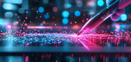 Poster - A close-up of a stylus creating vibrant, glowing patterns on a digital surface, showcasing a fusion of technology and creativity.