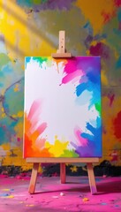 Poster - Canvas with vibrant color explosion on easel in creative studio